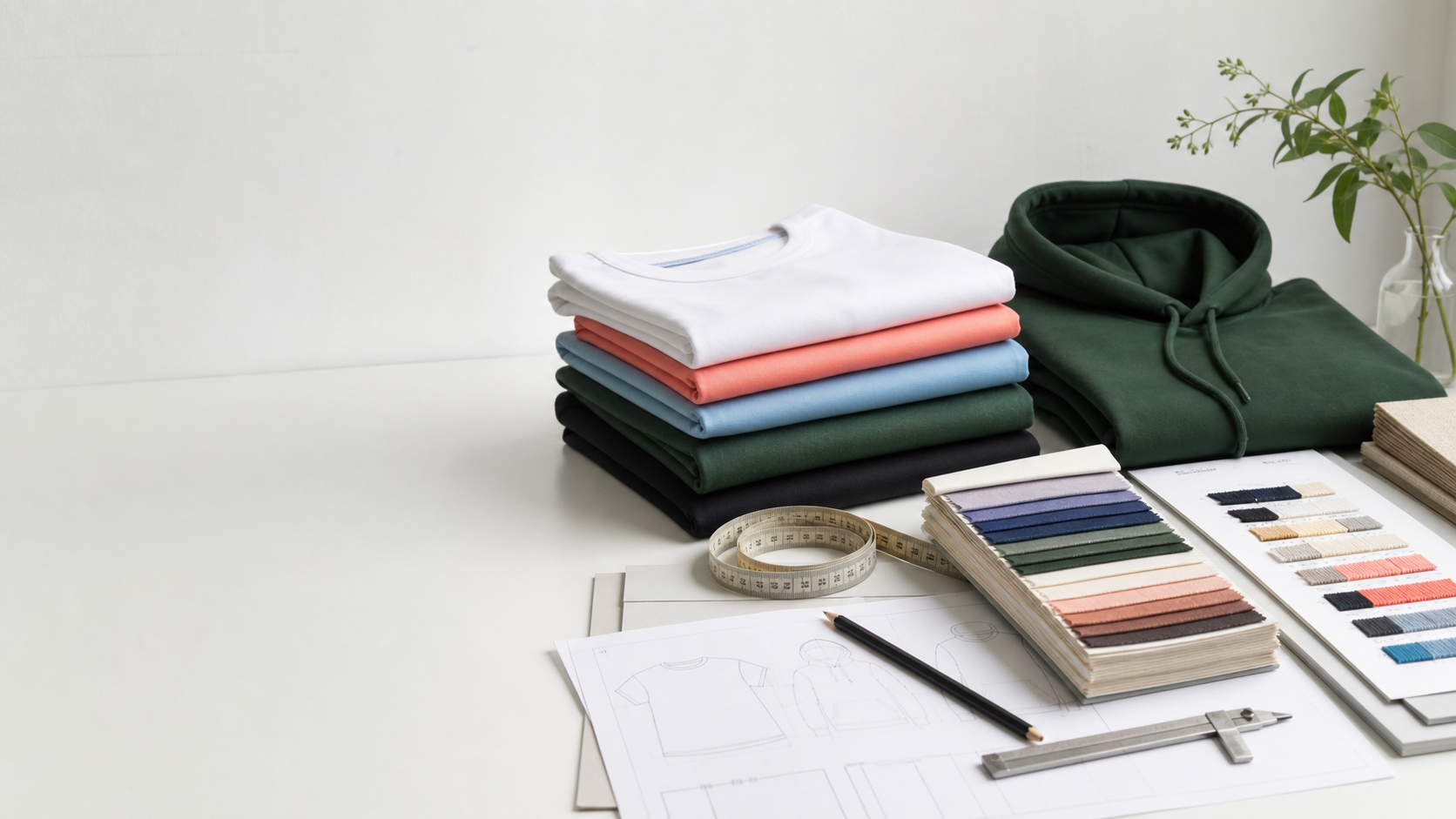 Garments, fabric swatches, measurements and technical drawings prepared for a sourcing review